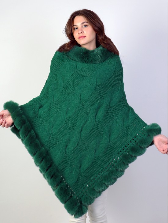 Solid Color Knitted Poncho W/ Fur Collar & Trim